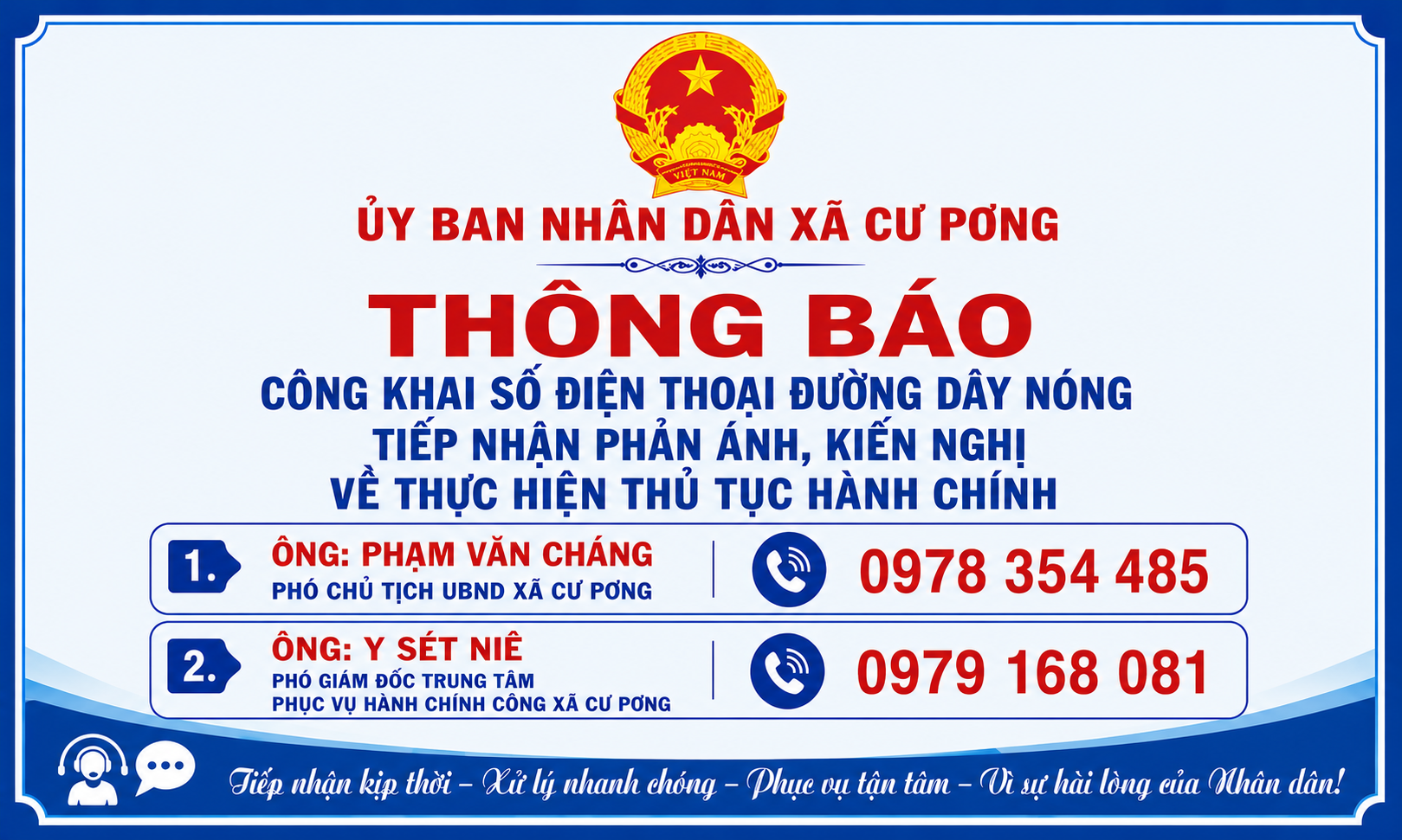 THÔNG BÁO Công khai số điện thoại đường dây nóng tiếp nhận phản ánh, kiến nghị về thực hiện thủ tục hành chính